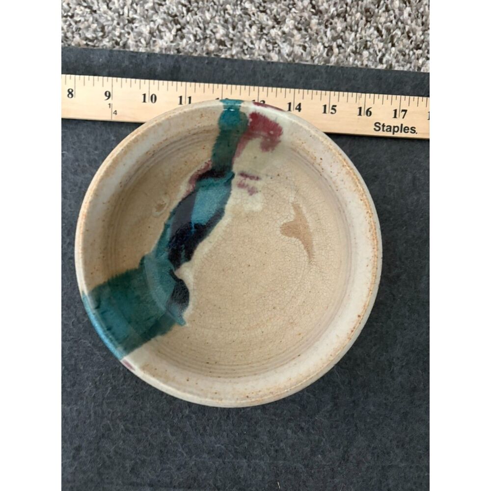vtg studio pottery stoneware bowl with drip glaze decoration Ruth G. Calhoun